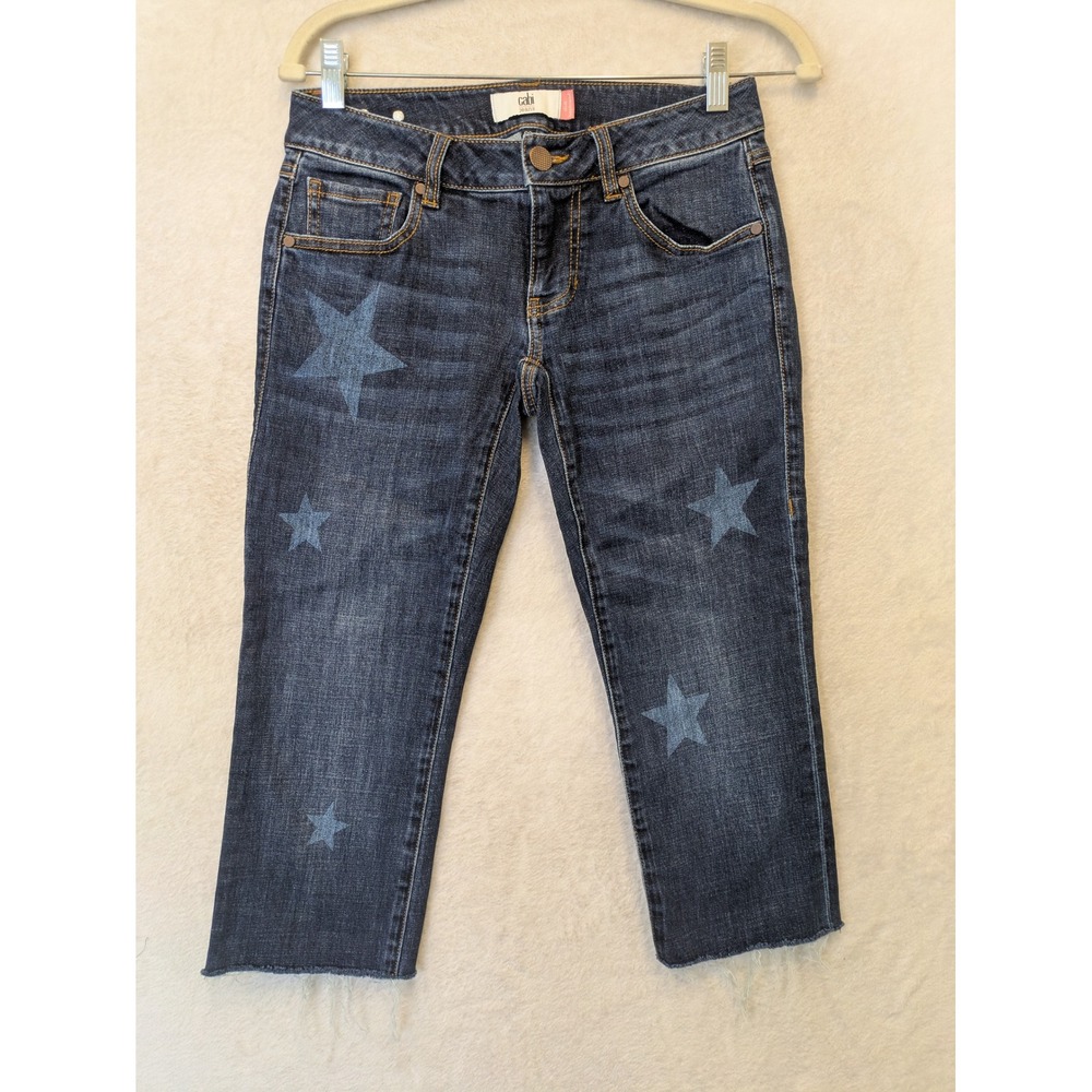 Cabi Slim Boyfriend Jeans Women's 00 Dark Wash‎ Blue Star Print Raw Hem
